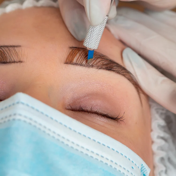 Nahaufnahme eines menschlichen Auges während einer Augenbrauenbehandlung.